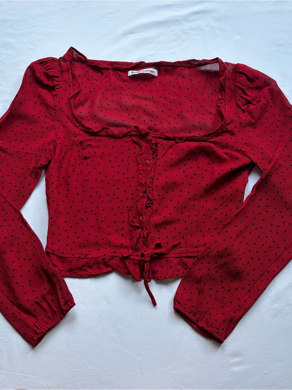 Reformation Red Polka Dot Ruffle Tie-Front Blouse